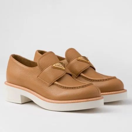 Prada Women's Loafers in Brown Grained Leather - PRL011 Prada Women's Loafers in Brown Grained Leather