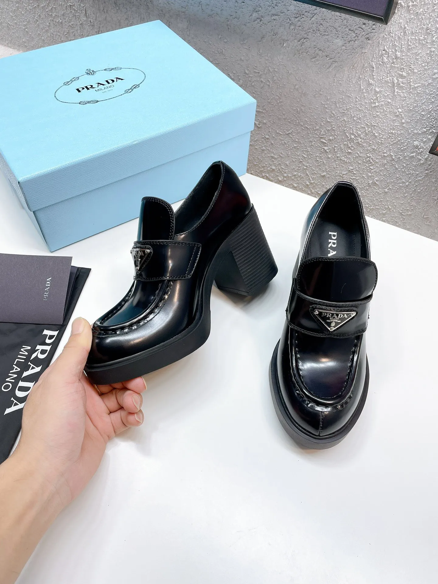 Prada Chocolate High-heeled Loafers In Black Brushed Leather - PRL001 Prada Chocolate High-heeled Loafers In Black Brushed Leather