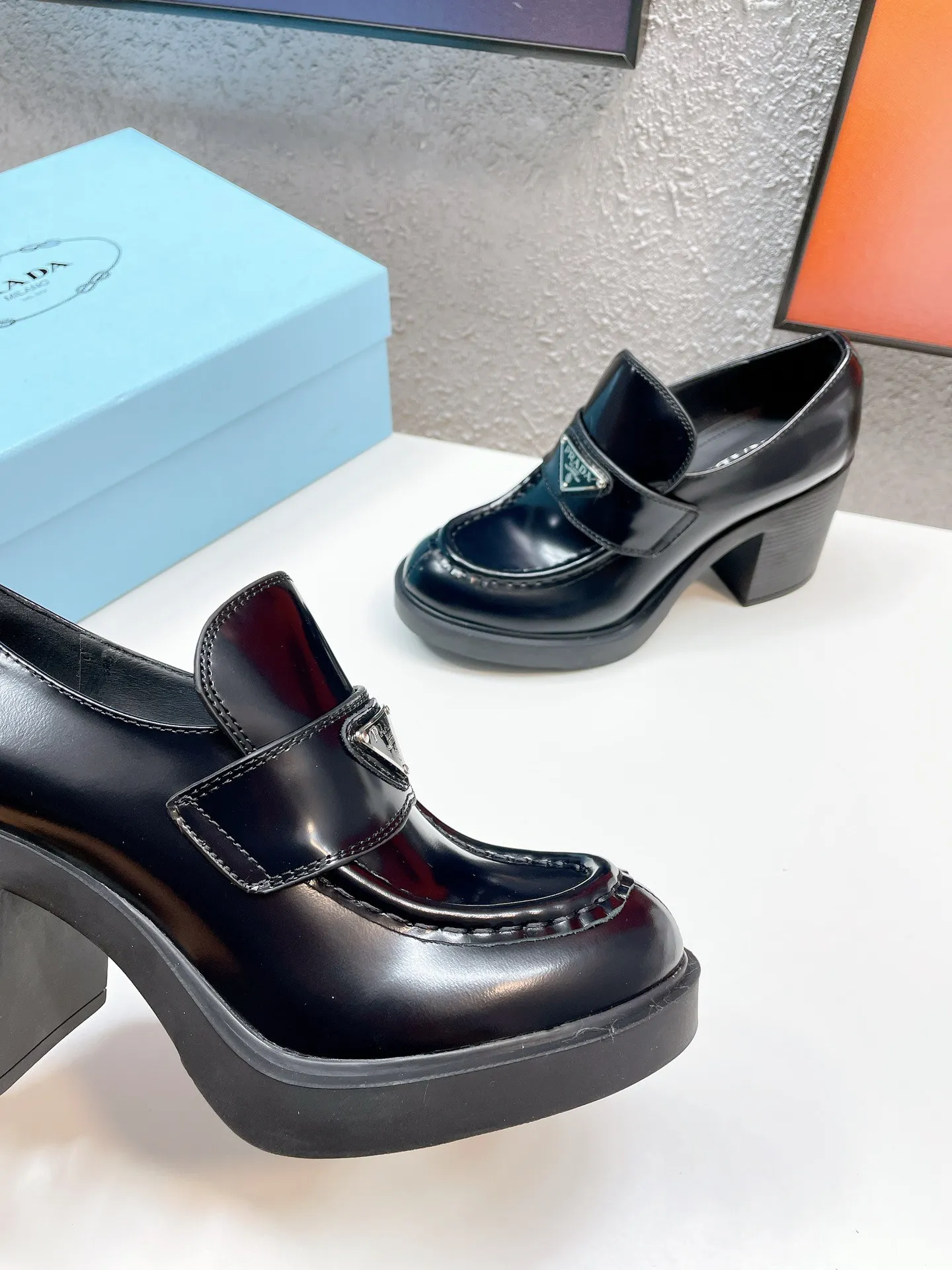 Prada Chocolate High-heeled Loafers In Black Brushed Leather - PRL001 Prada Chocolate High-heeled Loafers In Black Brushed Leather