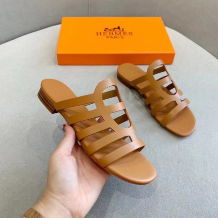 HERMES CAMELIA SLIDE SANDALS IN BROWN CALFSKIN - HMSD138