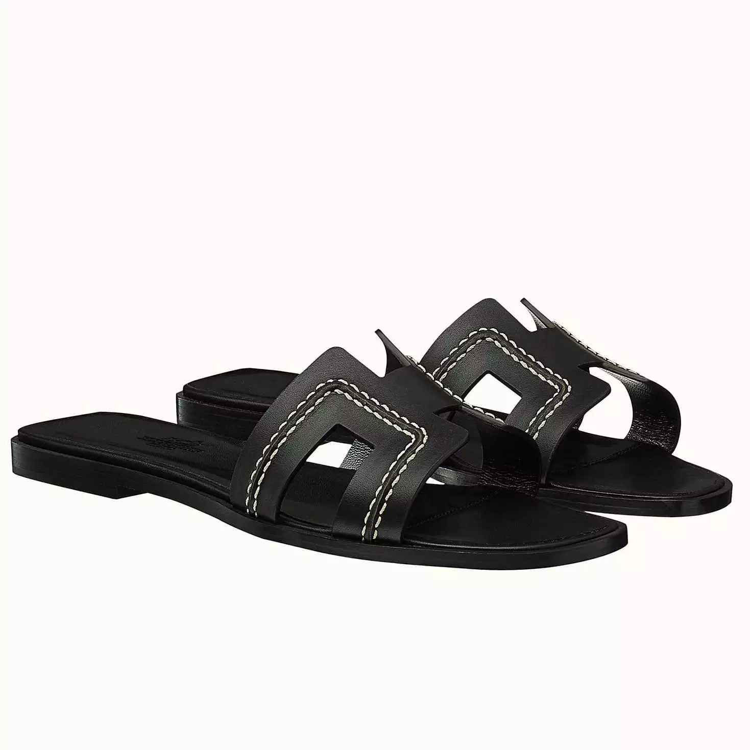 HERMES ORAN SLIDE SANDALS IN BLACK LEATHER WITH STITCHED - HMSD044