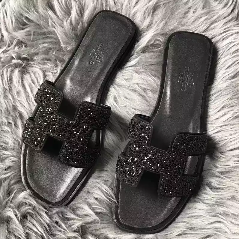 HERMES ORAN SLIDE SANDALS IN BLACK SUEDE WITH BLACK CRYSTAL - HMSD102