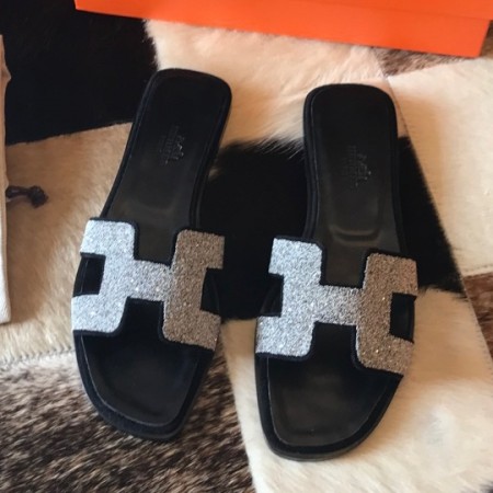 HERMES ORAN SLIDE SANDALS IN BLACK SUEDE WITH CRYSTAL - HMSD103