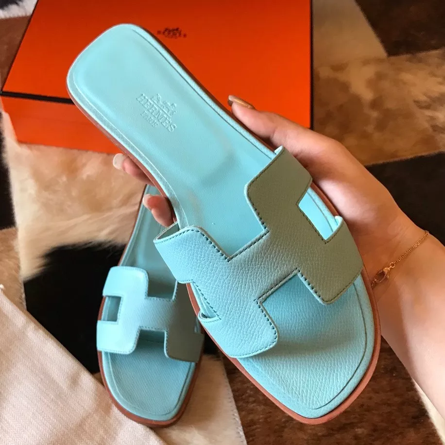 HERMES ORAN SLIDE SANDALS IN BLUE ATOLL EPSOM CALFSKIN - HMSD064