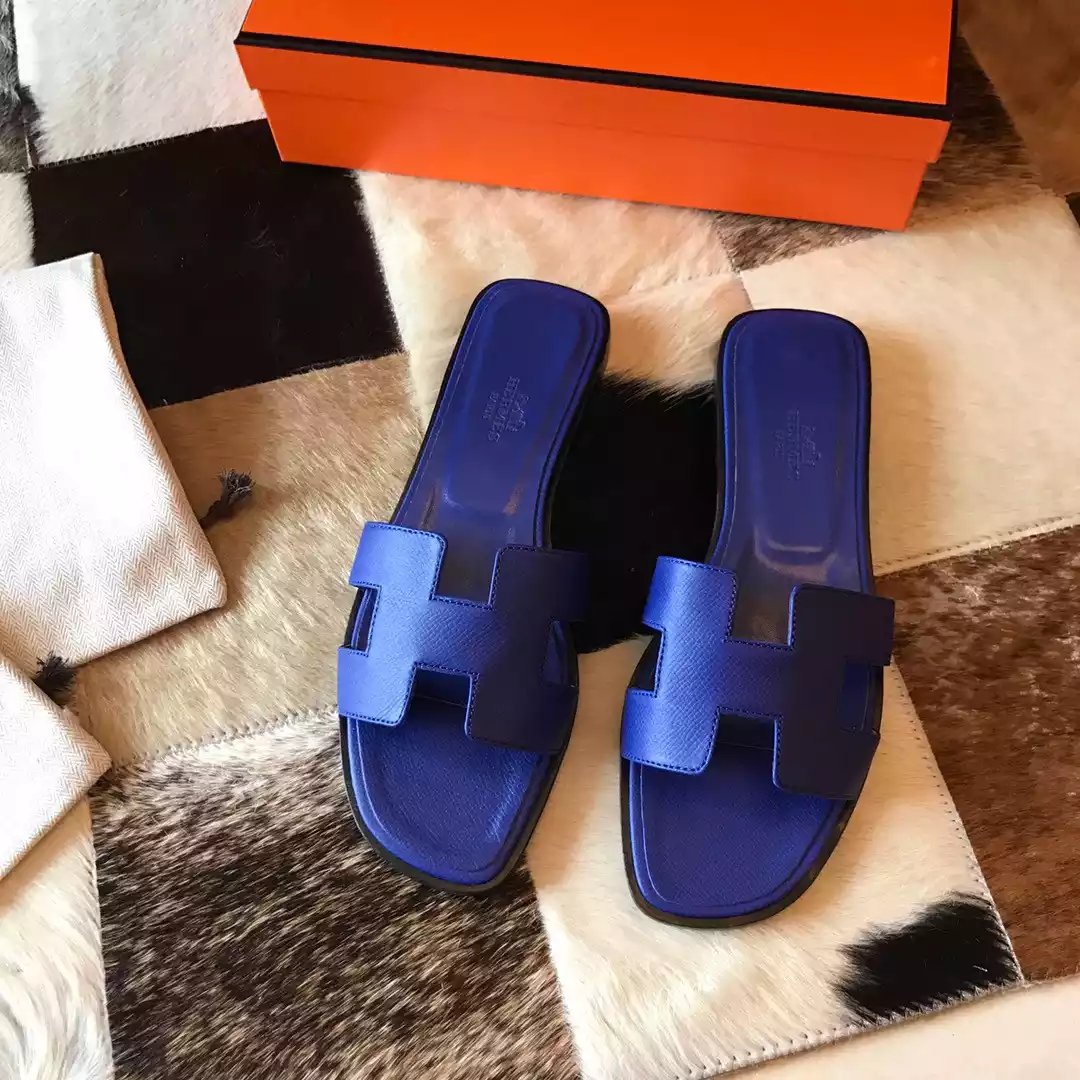 HERMES ORAN SLIDE SANDALS IN BLUE ELECTRIC EPSOM CALFSKIN - HMSD073