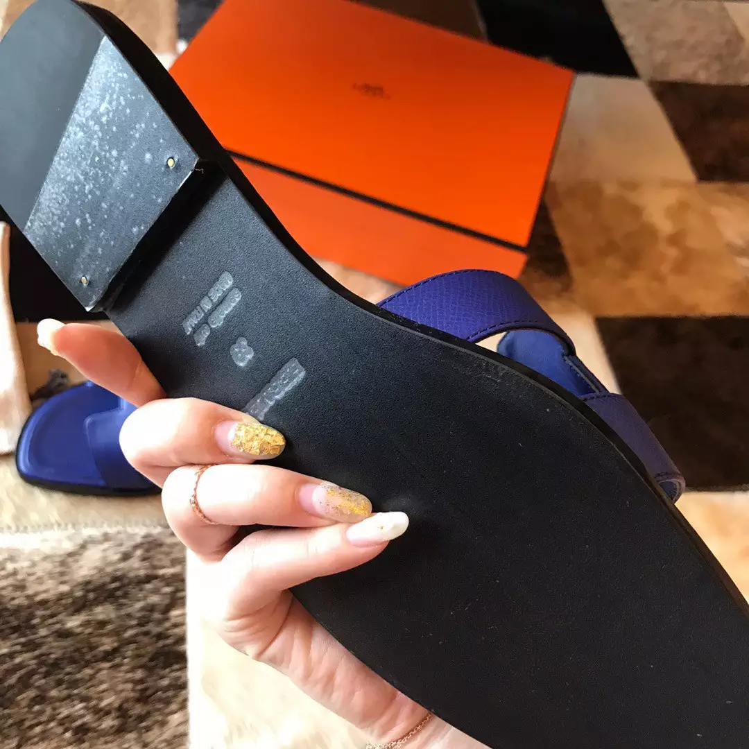 HERMES ORAN SLIDE SANDALS IN BLUE ELECTRIC EPSOM CALFSKIN - HMSD073