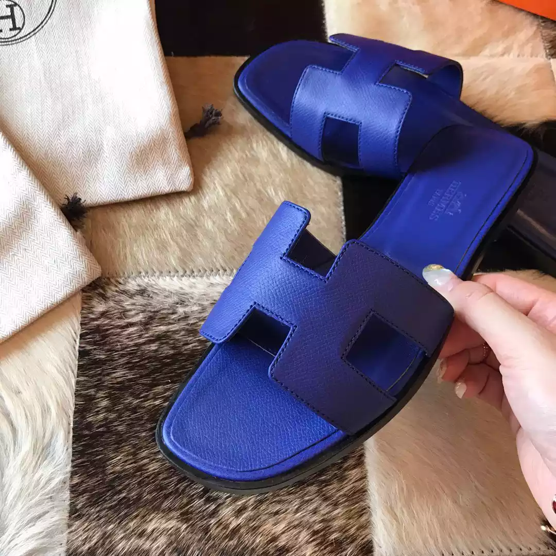 HERMES ORAN SLIDE SANDALS IN BLUE ELECTRIC EPSOM CALFSKIN - HMSD073