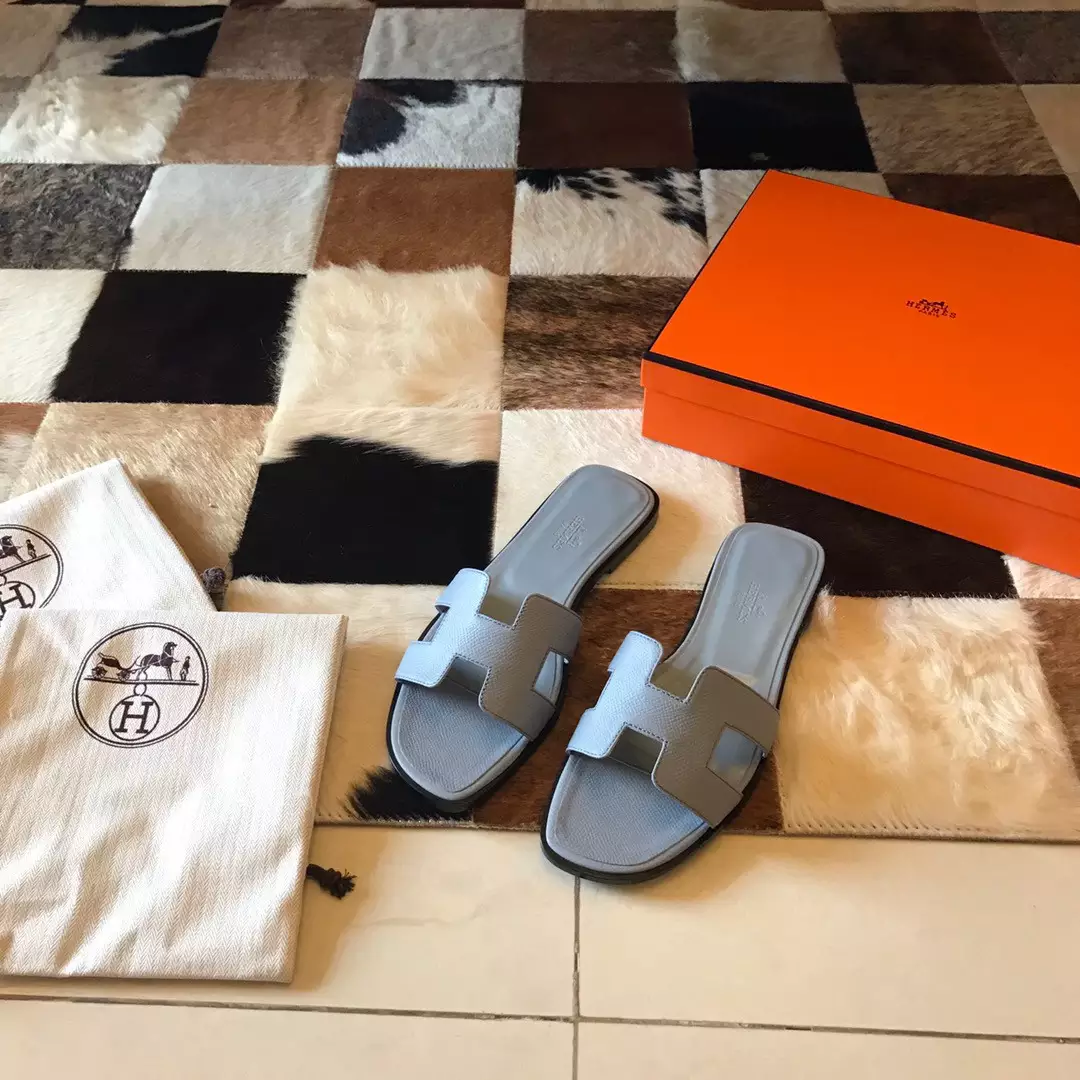 HERMES ORAN SLIDE SANDALS IN BLUE LIN EPSOM CALFSKIN - HMSD074