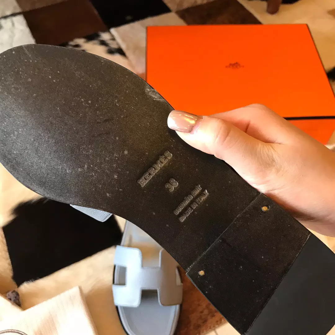 HERMES ORAN SLIDE SANDALS IN BLUE LIN EPSOM CALFSKIN - HMSD074