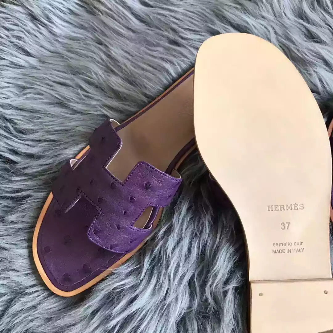 HERMES ORAN SLIDE SANDALS IN PURPLE OSTRICH LEATHER - HMSD079