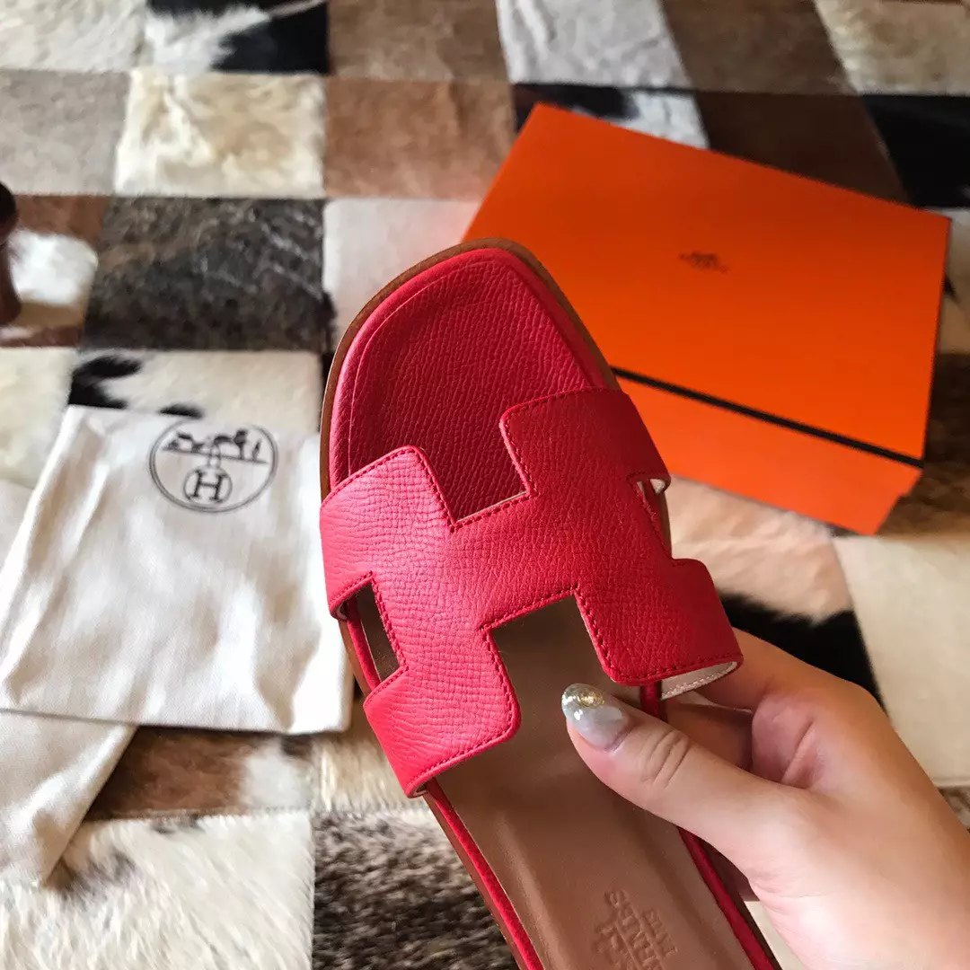 HERMES ORAN SLIDE SANDALS IN RED EPSOM CALFSKIN - HMSD092