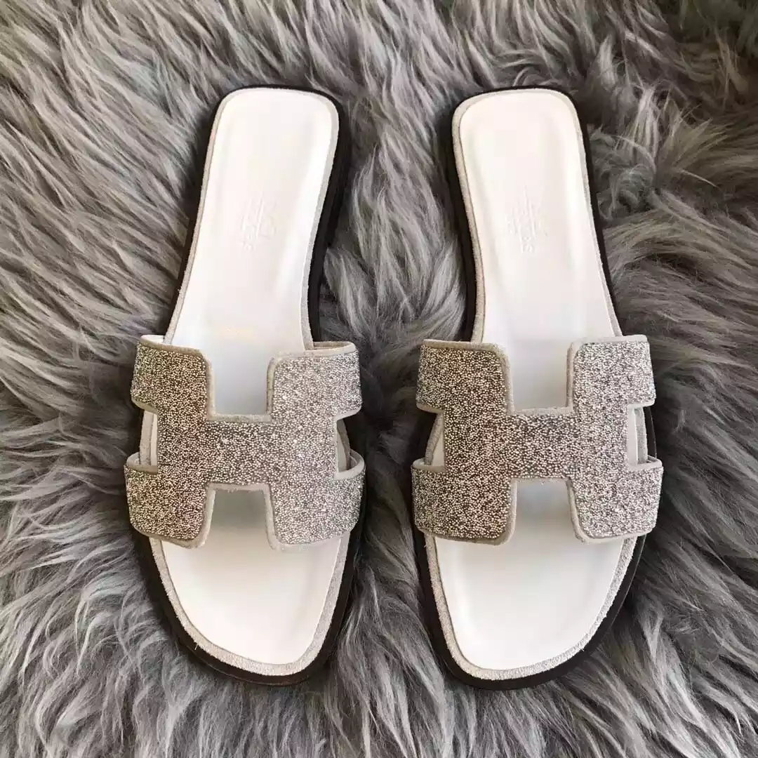 HERMES ORAN SLIDE SANDALS IN WHITE SUEDE WITH CRYSTAL - HMSD109
