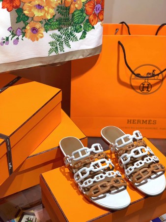 HERMES THALASSA SLIDE SANDALS IN BROWN/WHITE LAMBSKIN - HMSD136