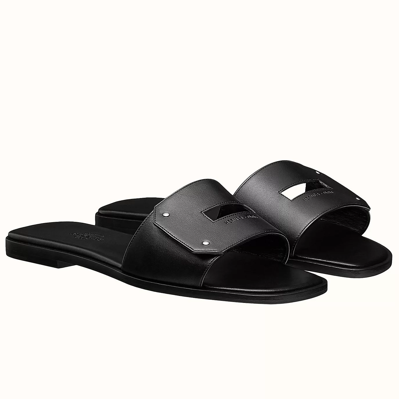 HERMES VIEW SLIDE SANDALS IN BLACK LEATHER - HMSD131