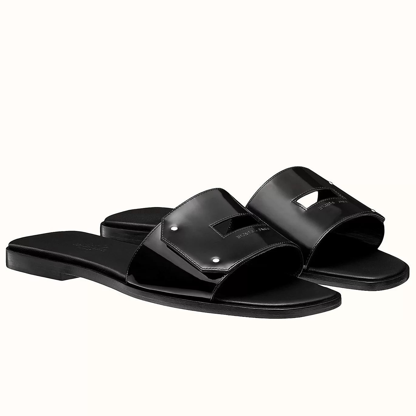 HERMES VIEW SLIDE SANDALS IN BLACK PATENT CALFSKIN - HMSD133