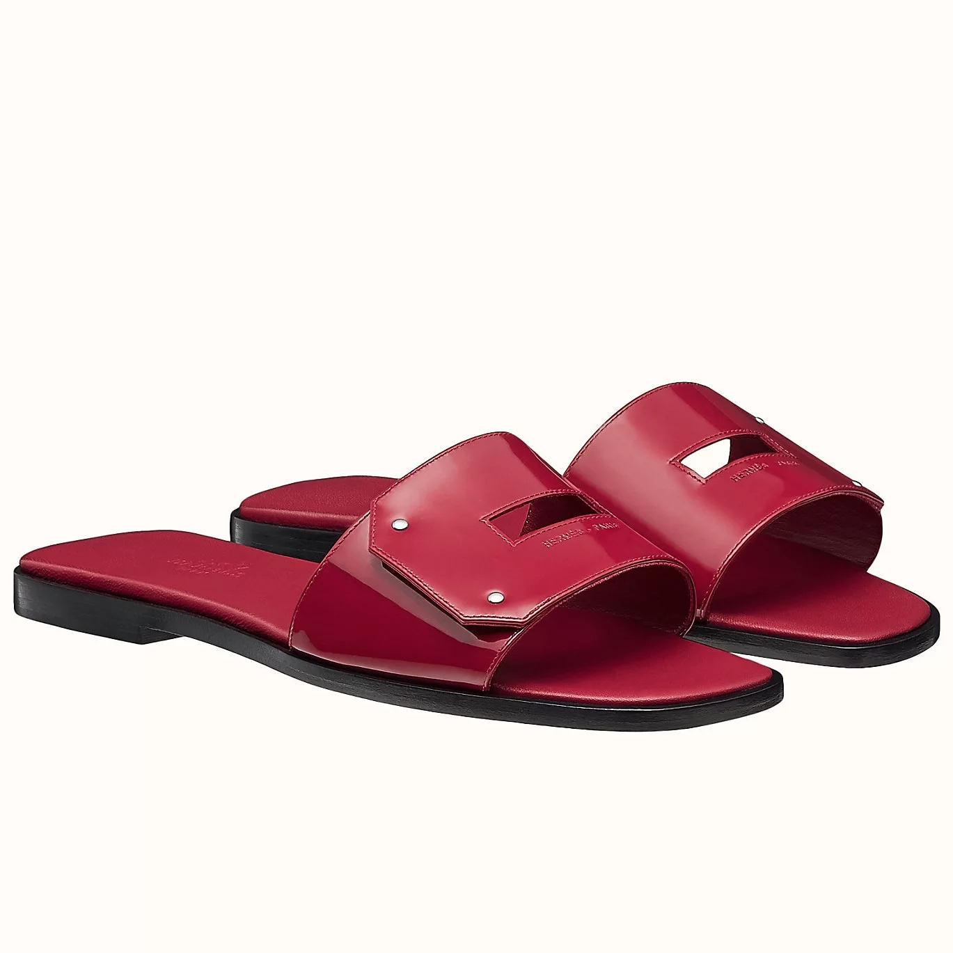 HERMES VIEW SLIDE SANDALS IN RED PATENT CALFSKIN - HMSD134