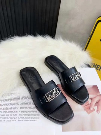 HERMES VILLA SLIDE SANDALS IN BLACK LEATHER - HMSD135