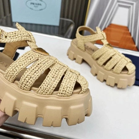 PRADA MONOLITH CROCHET CAGE SANDALS IN BEIGE RAFFIA FABRIC - PSD008