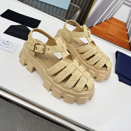 PRADA MONOLITH CROCHET CAGE SANDALS IN BEIGE RAFFIA FABRIC - PSD008
