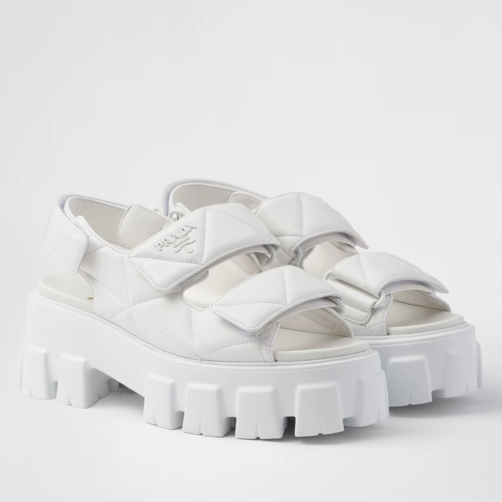 PRADA MONOLITH FLATFORM SANDALS IN WHITE NAPPA LEATHER - PSD020