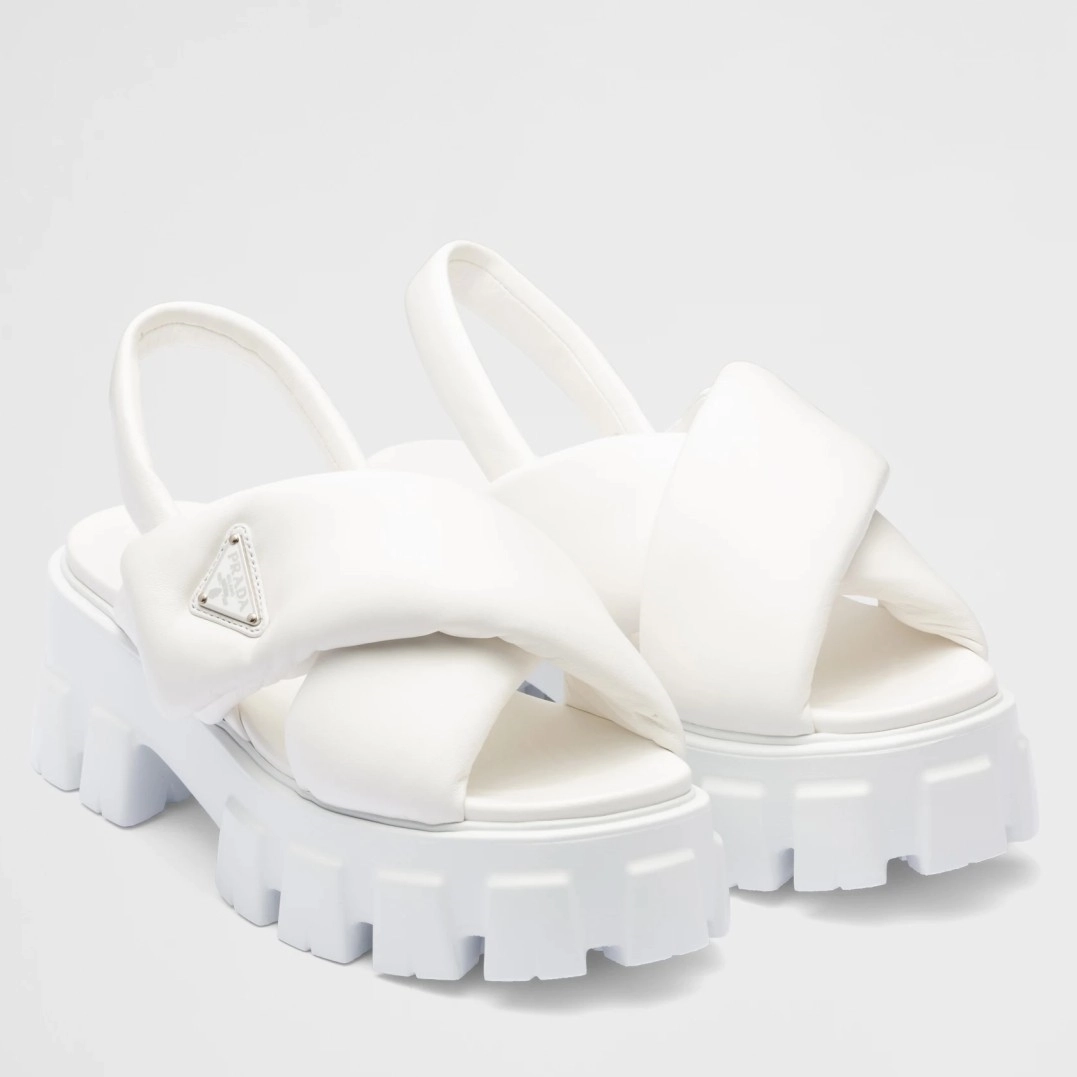PRADA MONOLITH PADDED SANDALS IN WHITE NAPPA LEATHER - PSD018