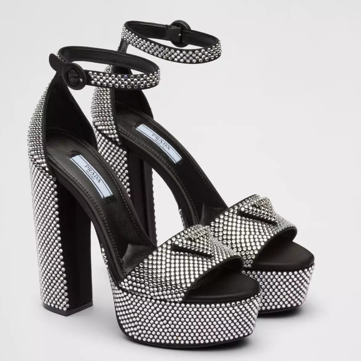 PRADA PLATFORM SANDALS 135MM IN BLACK SATIN WITH CRYSTALS - PSD010