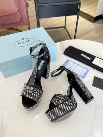 PRADA PLATFORM SANDALS 135MM IN BLACK SATIN WITH CRYSTALS - PSD010