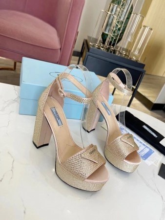 PRADA PLATFORM SANDALS 135MM IN GOLD SATIN WITH CRYSTALS - PSD012