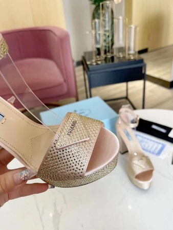 PRADA PLATFORM SANDALS 135MM IN GOLD SATIN WITH CRYSTALS - PSD012