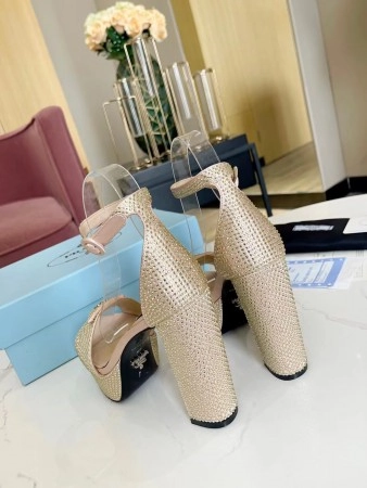 PRADA PLATFORM SANDALS 135MM IN GOLD SATIN WITH CRYSTALS - PSD012