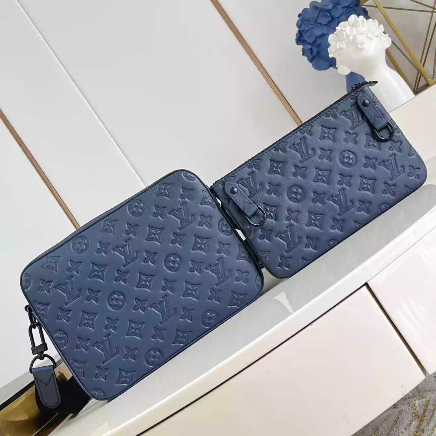 TRIO MESSENGER BAG NAVY BLUE MONOGRAM SHADOW - LW312 TRIO MESSENGER BAG NAVY BLUE MONOGRAM SHADOW