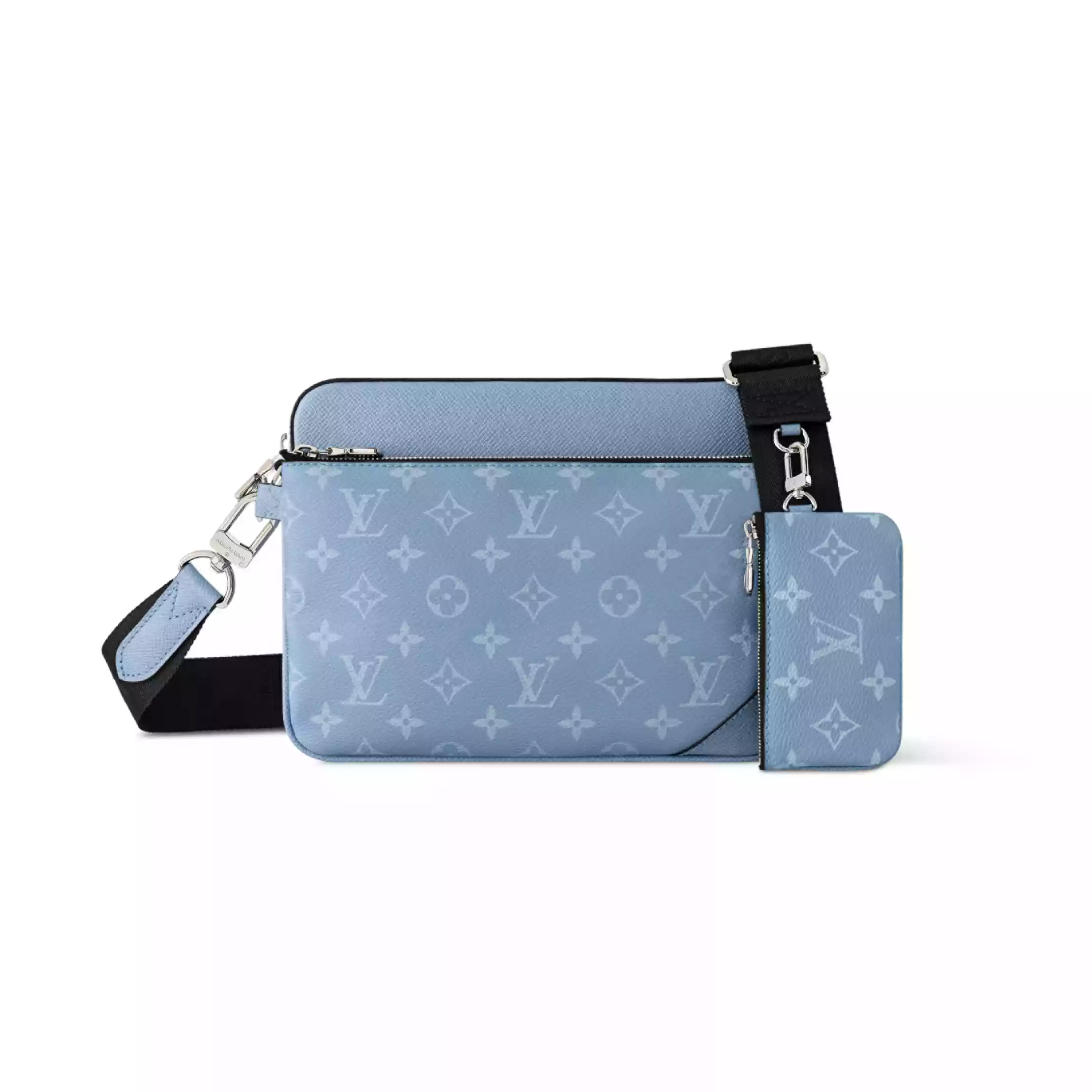TRIO MESSENGER BAG SKY BLUE MONOGRAM CANVAS TAIGA COWHIDE LEATHER - LW320 TRIO MESSENGER BAG SKY BLUE MONOGRAM CANVAS TAIGA COWHIDE LEATHER