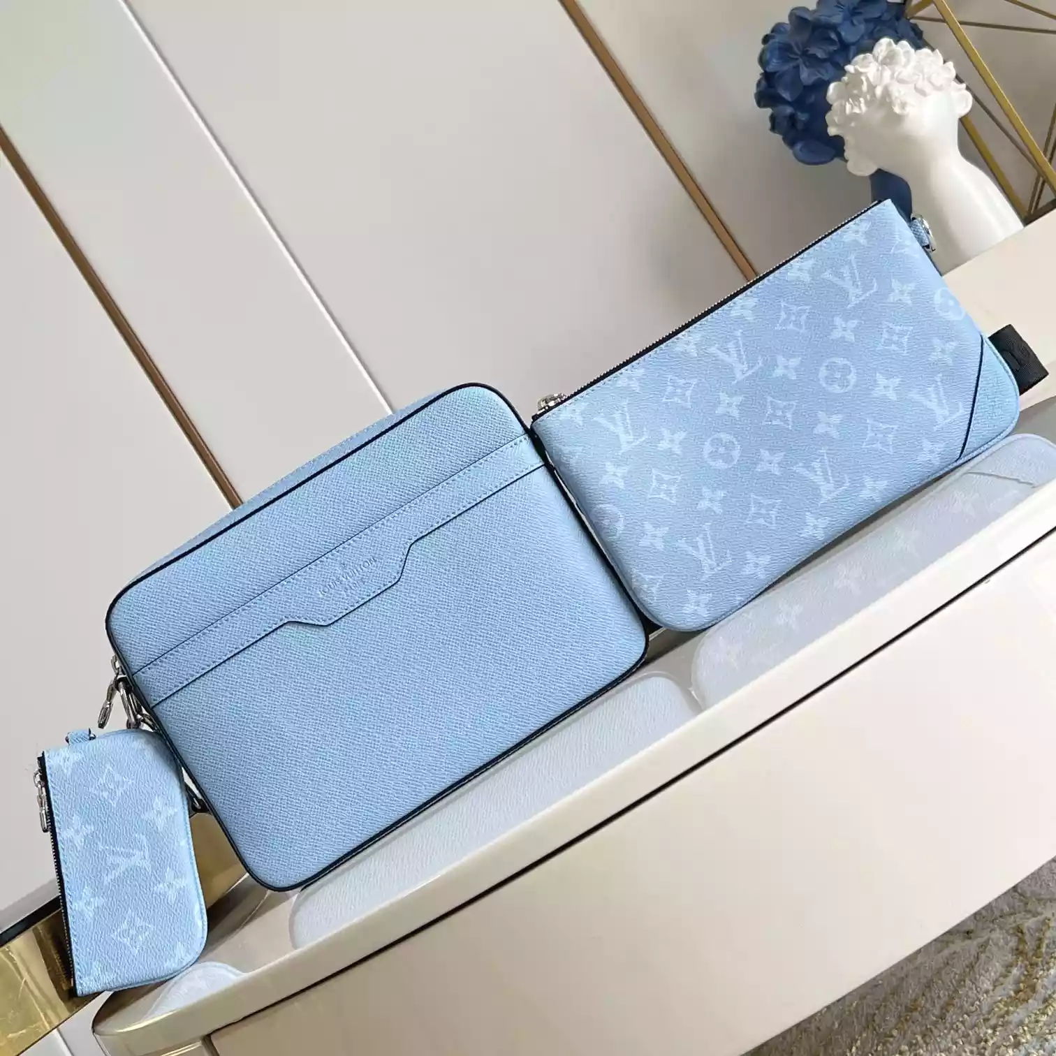 TRIO MESSENGER BAG SKY BLUE MONOGRAM CANVAS TAIGA COWHIDE LEATHER - LW320 TRIO MESSENGER BAG SKY BLUE MONOGRAM CANVAS TAIGA COWHIDE LEATHER