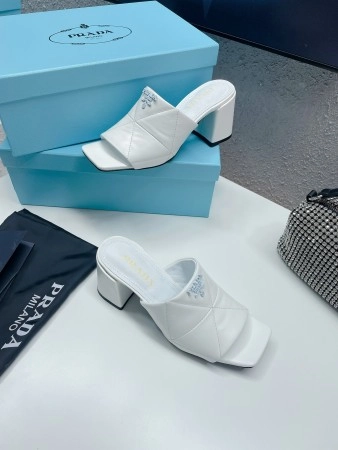 PRADA HEELED SLIDE SANDALS 65MM IN WHITE NAPPA LEATHER - PSD036