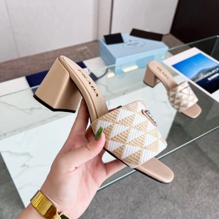 PRADA HEELED SLIDE SANDALS 65MM IN BEIGE AND WHITE FABRIC - PSD034