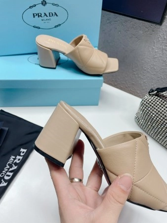 PRADA HEELED SLIDE SANDALS 65MM IN BEIGE NAPPA LEATHER - PSD037