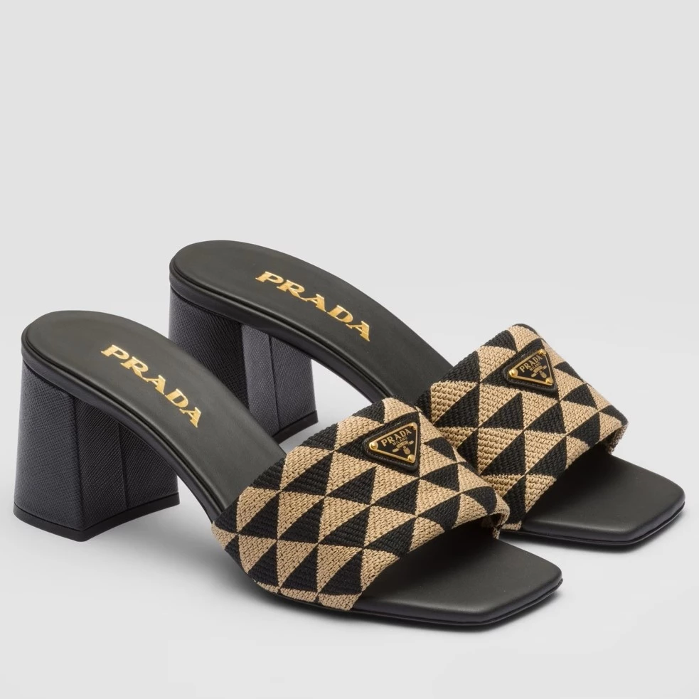 PRADA HEELED SLIDE SANDALS 65MM IN BLACK AND BEIGE FABRIC - PSD035