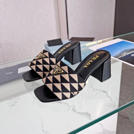 PRADA HEELED SLIDE SANDALS 65MM IN BLACK AND BEIGE FABRIC - PSD035
