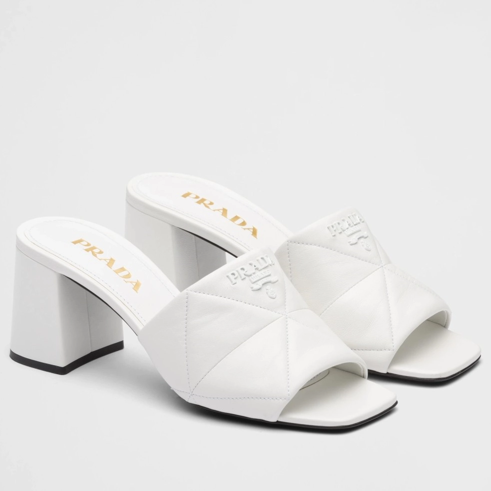 PRADA HEELED SLIDE SANDALS 65MM IN WHITE NAPPA LEATHER - PSD036