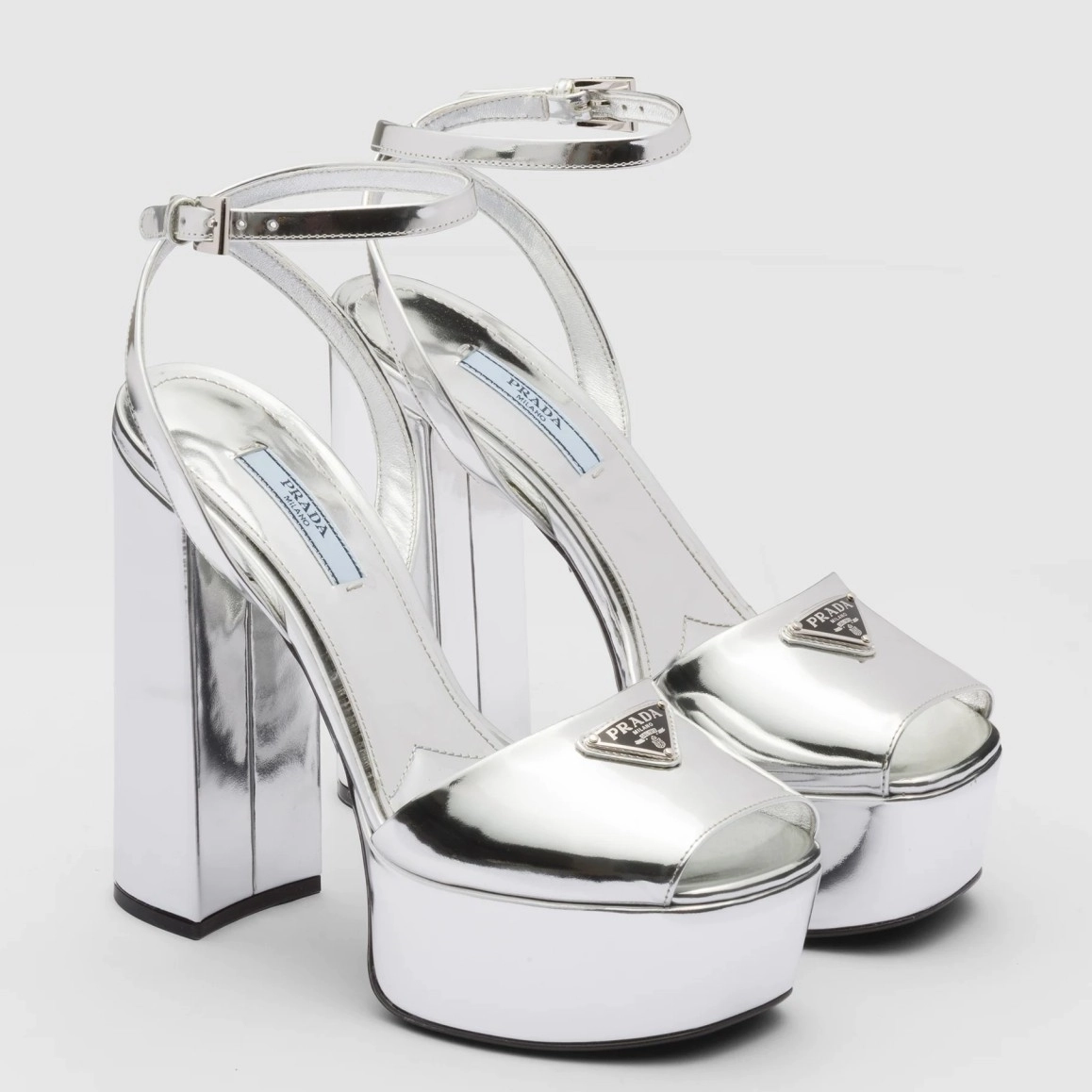 PRADA PLATFORM SANDALS 135MM IN SILVER METALLIC LEATHER - PSD056