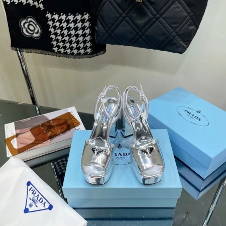 PRADA PLATFORM SANDALS 135MM IN SILVER METALLIC LEATHER - PSD056