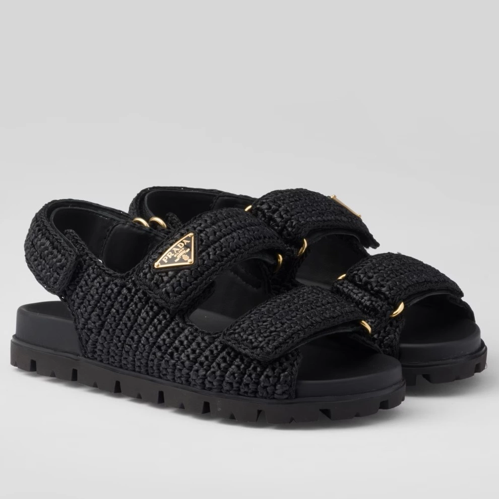 PRADA WOMEN'S CROCHET SANDALS IN BLACK RAFFIA - PSD025