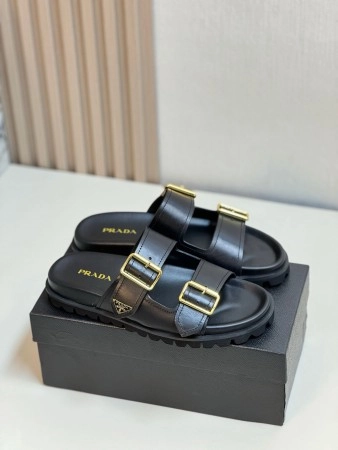 PRADA WOMEN'S STRAP SLIDES SANDALS IN BLACK LEATHER - PSD028