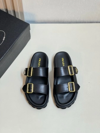 PRADA WOMEN'S STRAP SLIDES SANDALS IN BLACK LEATHER - PSD028