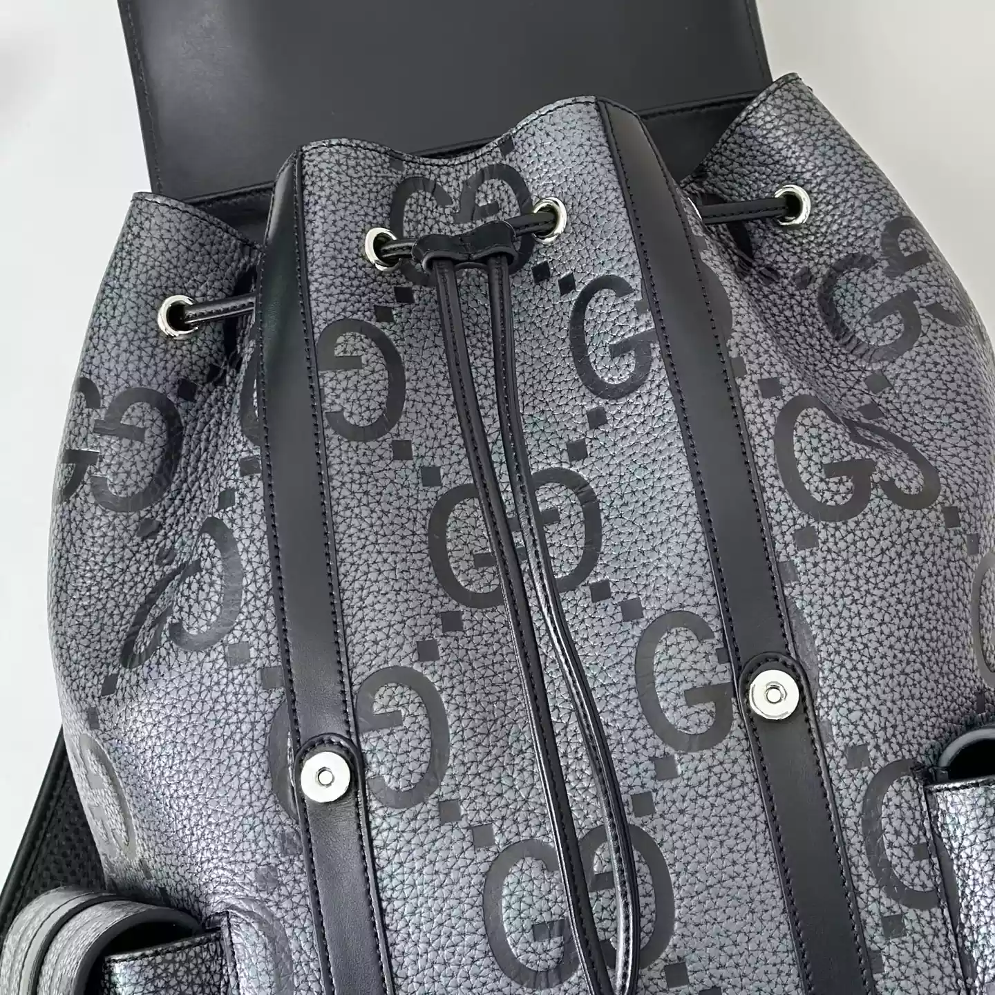 GG jumbo large backpack in grey and black GG leather
