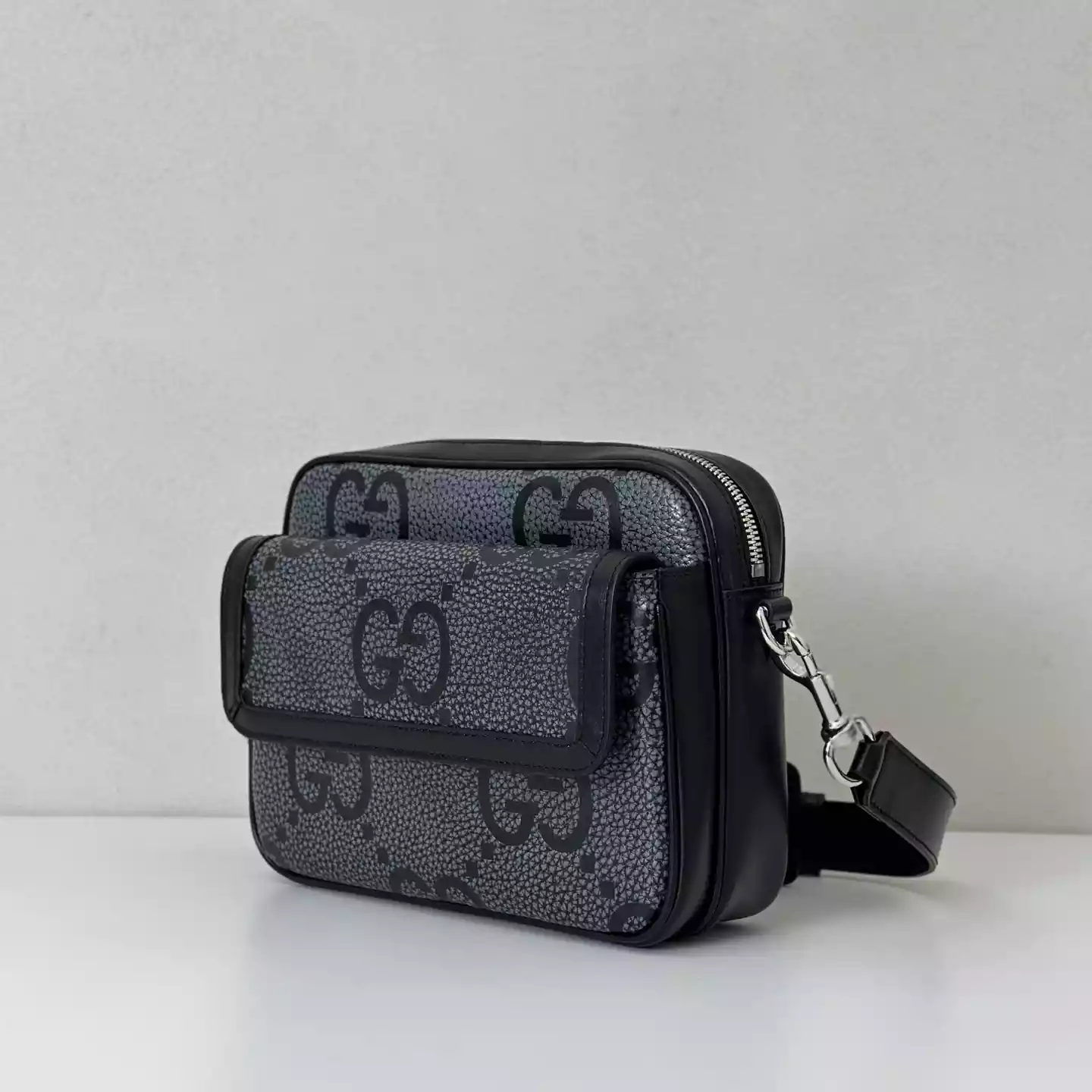 GG jumbo small crossbody bag in grey and black GG leather - BG077 GG jumbo small crossbody bag in grey and black GG leather