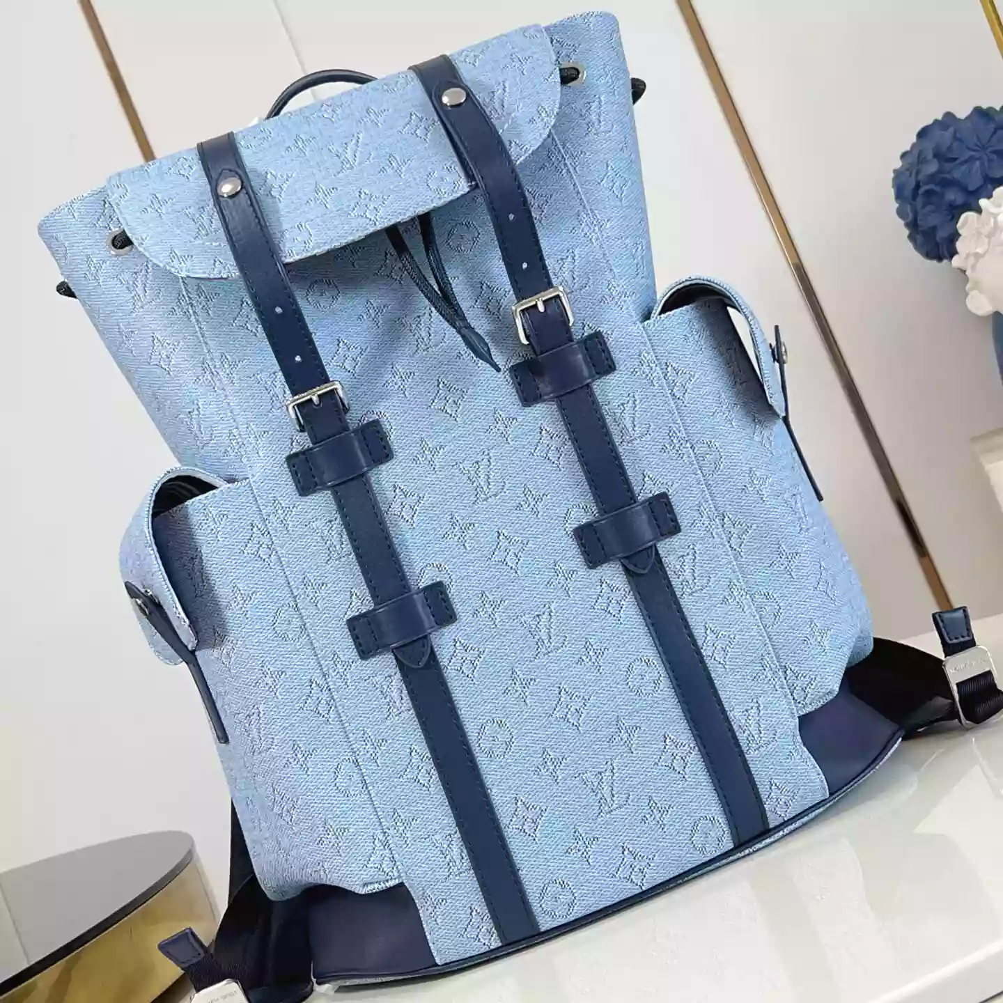 CHRISTOPHER MM BACKPACK BLUE MONOGRAM HERITAGE CANVAS M14676 - LW335 DISCOVERY BACKPACK PM SKY BLUE MONOGRAM CANVAS