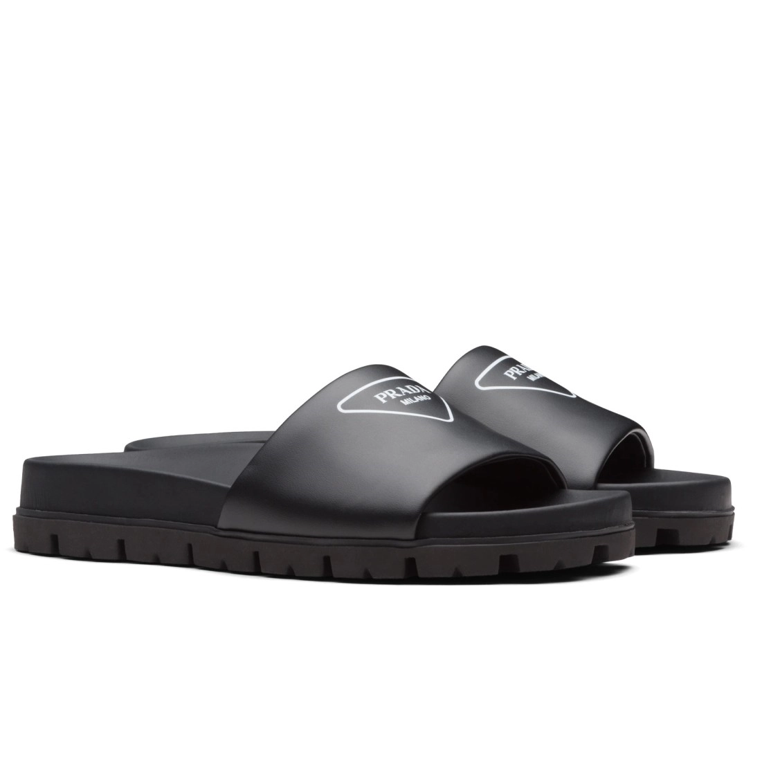 PRADA BLACK LEATHER SLIDES WITH PRINTED TRIANGLE LOGO - PSD088