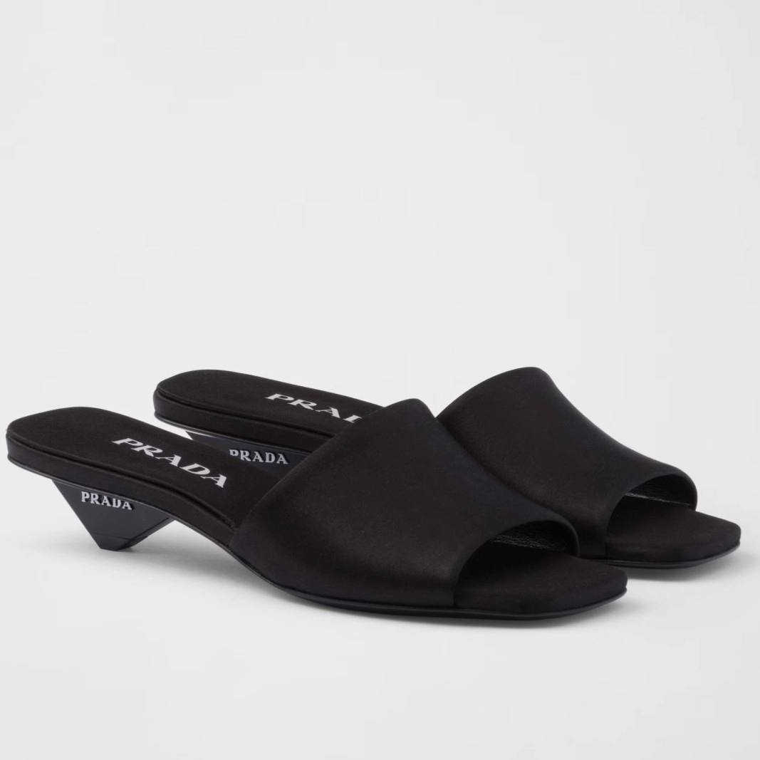 PRADA HEELED SLIDES 35MM IN BLACK SATIN - PSD066