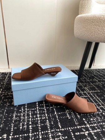 PRADA HEELED SLIDES 35MM IN TOBACCO SATIN - PSD065
